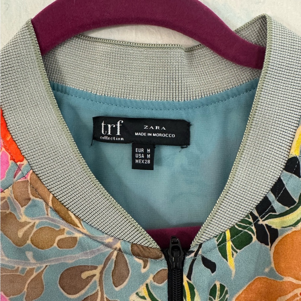 ZARA Silk Cropped Elastic Floral Bomber Teal Tropical Size M - Picture 3 of 4